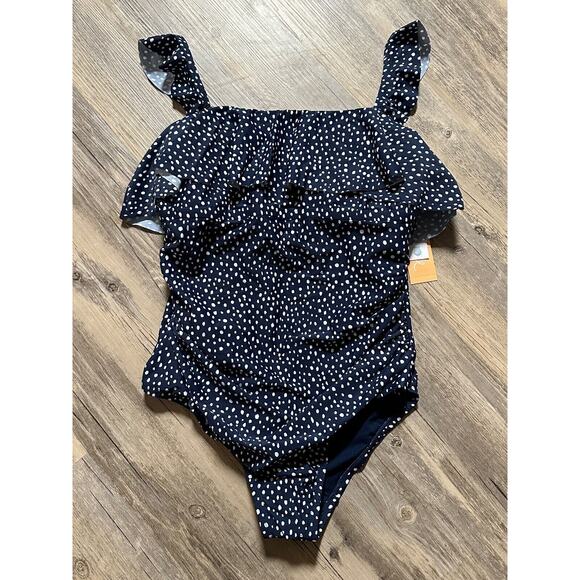 Kona Sol Other - Kona Sol Swimsuit One Piece Ruffle One Shoulder Blue Navy Polka Dot Size 16